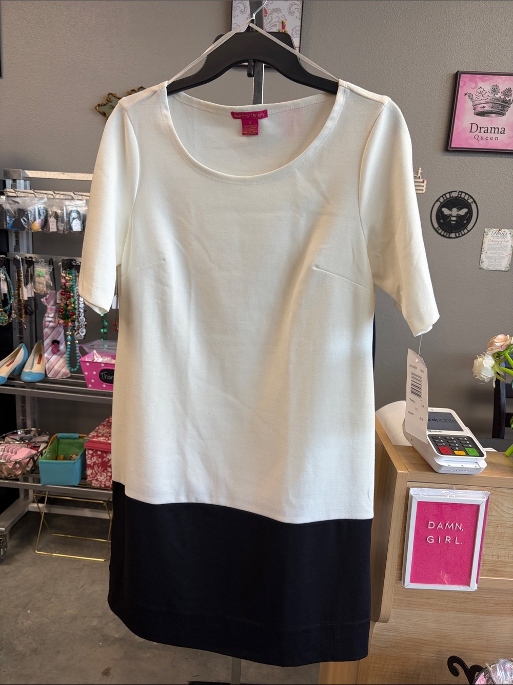 Sunny Leigh Cream & Black Short Sleeve Colorblock Tunic Dress